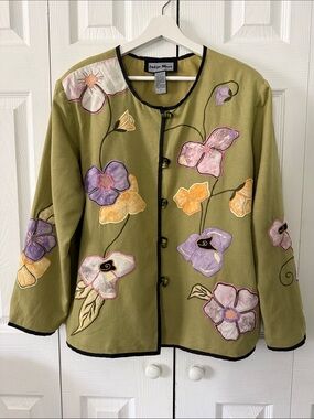 Vintage Indigo Moon Olive Floral Appliqué linen Jacket Sz L